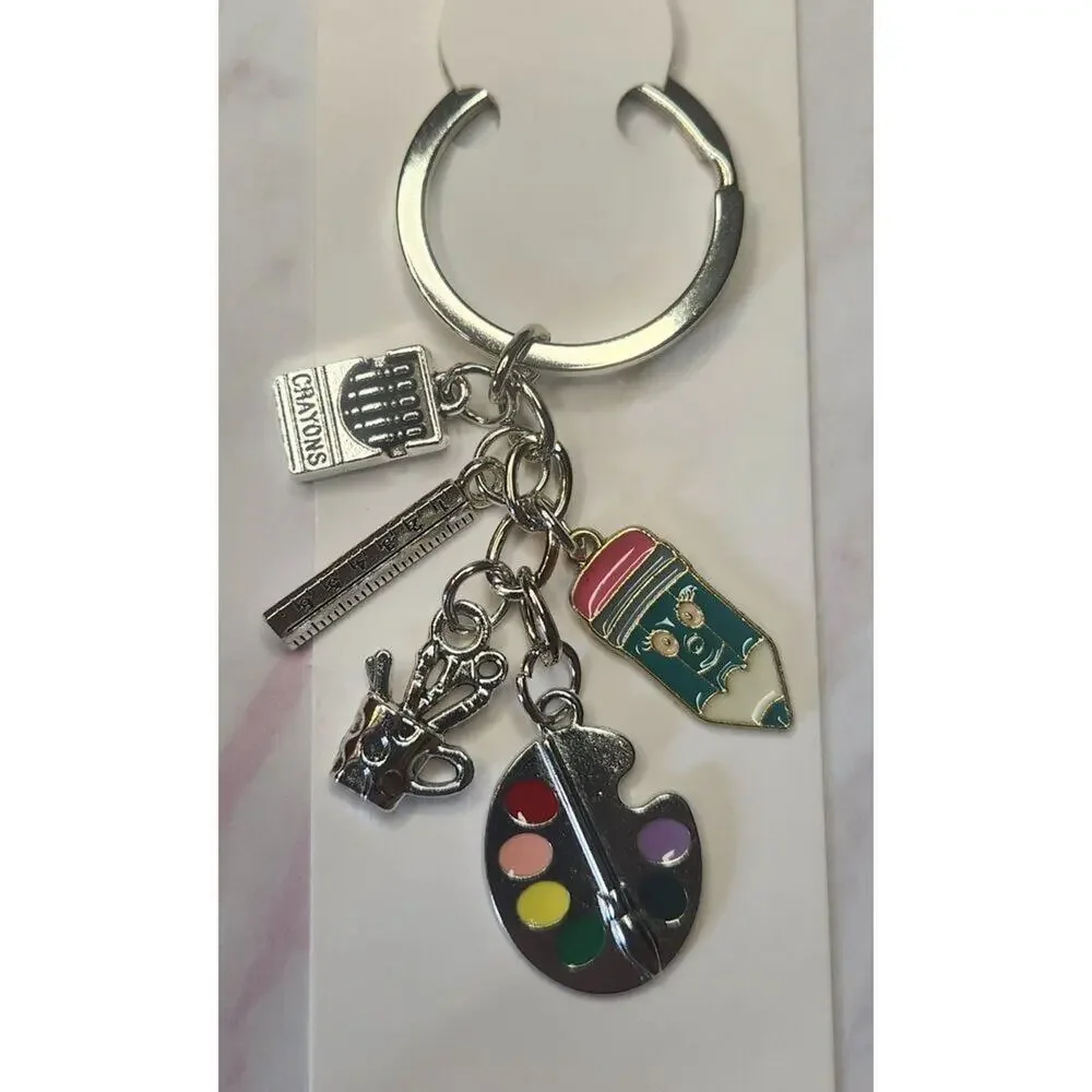 School Teacher Art Bag Charm Keychain Crayons Ruler Paints Pencil Silver Tone